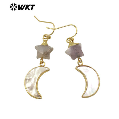 WT-MPE152 Lovely Design Natural Stone and Shell Star Earrings with Moon Shape Charms Gold Electroplated for Ladies Jewelry Gift