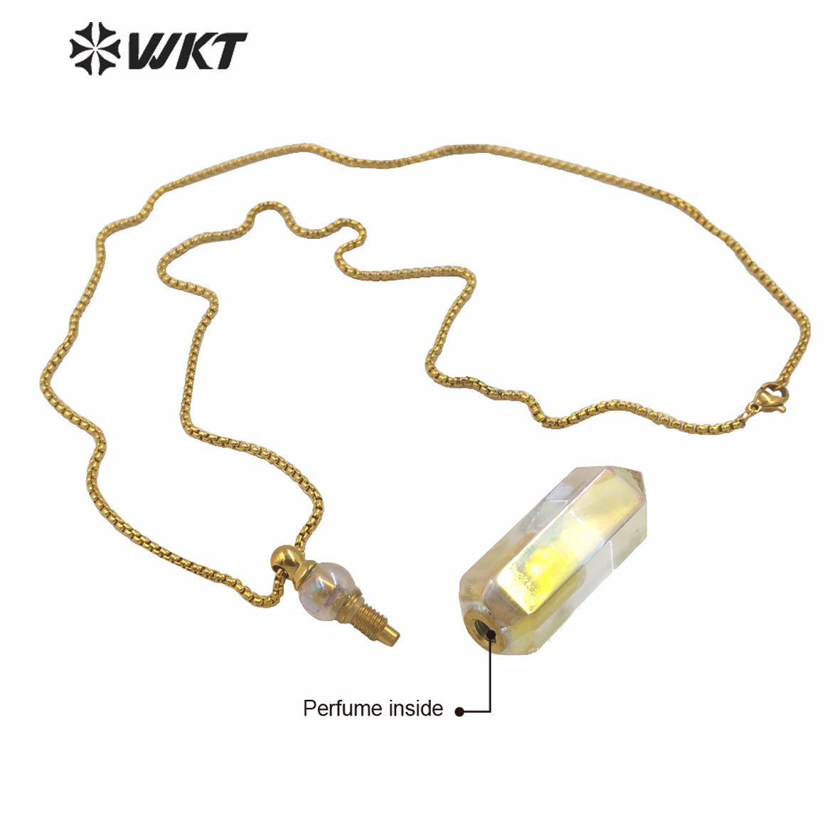 WT-N1261 Hot Sale Natural Crystal Quartz Point Essential Oil Necklace Stainless Steel Chain Natural Aura Perfume Bottle Necklace
