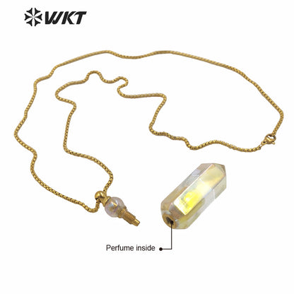 WT-N1261 Hot Sale Natural Crystal Quartz Point Essential Oil Necklace Stainless Steel Chain Natural Aura Perfume Bottle Necklace