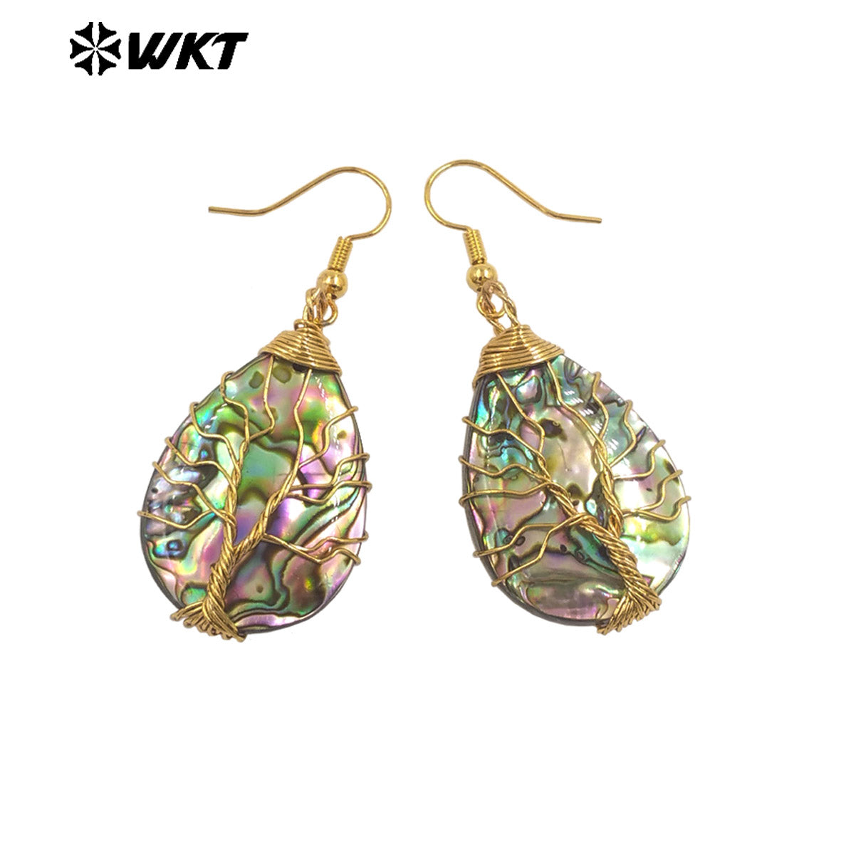 WT-MPE160 New Arrival Natural Abalone Shell Women Earrings in Water Drop Moon Shape Gold Plated Wrapping Wire Vintage Jewelry