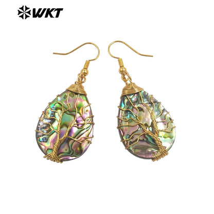 WT-MPE160 New Arrival Natural Abalone Shell Women Earrings in Water Drop Moon Shape Gold Plated Wrapping Wire Vintage Jewelry