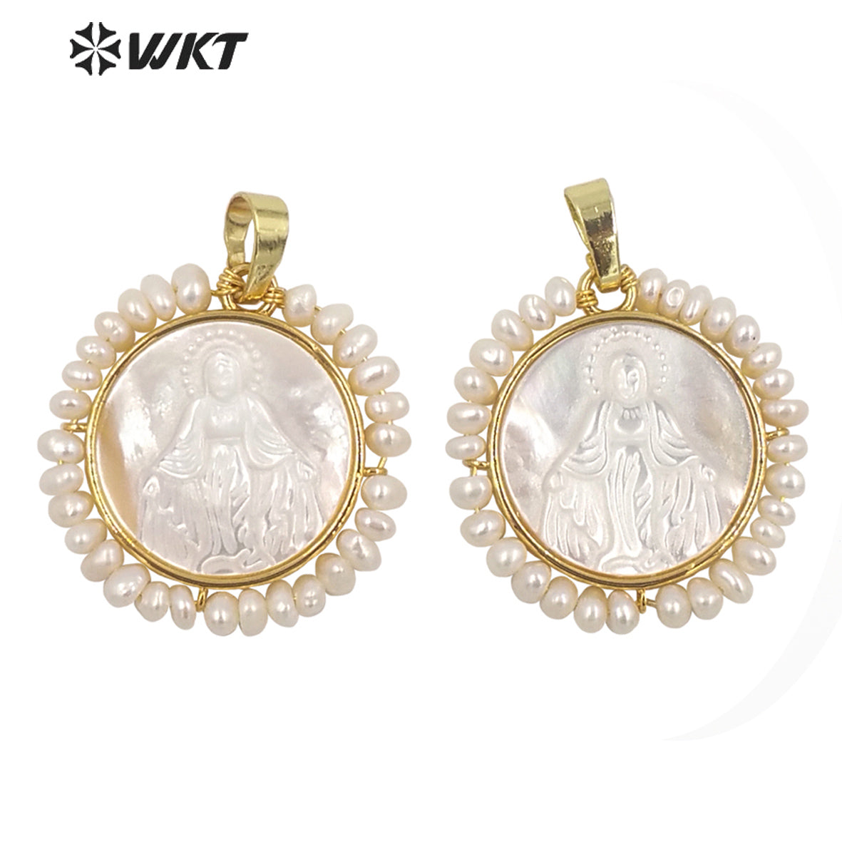 WT-JP256 New Design the God of Mother Virgen Maria Shell Pendant Fashion Gold Bezel White Round Amen Madrededios Pendants