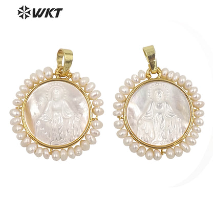WT-JP256 New Design the God of Mother Virgen Maria Shell Pendant Fashion Gold Bezel White Round Amen Madrededios Pendants