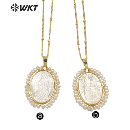 WT-JN158 Wholesale Unique Handmade Fashion Gold Bezel WIRE Wrapped Virgin Mary Pendant Necklace Freshwater Pearl Charm Necklace