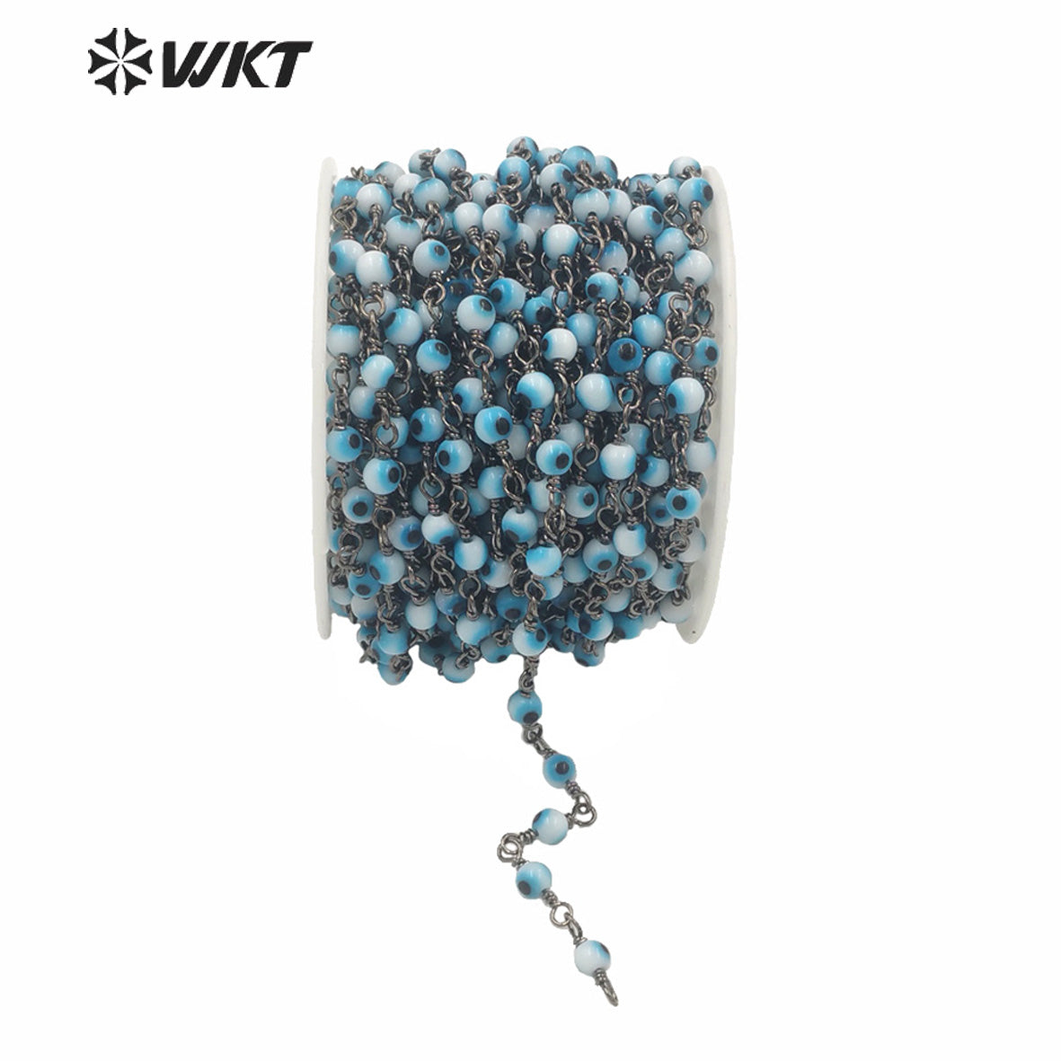 WT-RBC185 Wholesale Gold and Black Gund Electroplated 4 mm Glass Evil Eye Beads Chain for Jewelry Making Chain Round Rosary Eye