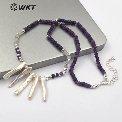 WT-JN105 Wholesale Natural Pearl Pendant Necklace With 3mm Amethyst Beads 3mm Brass Beads Chain Themed Pendant in Randomly Shape