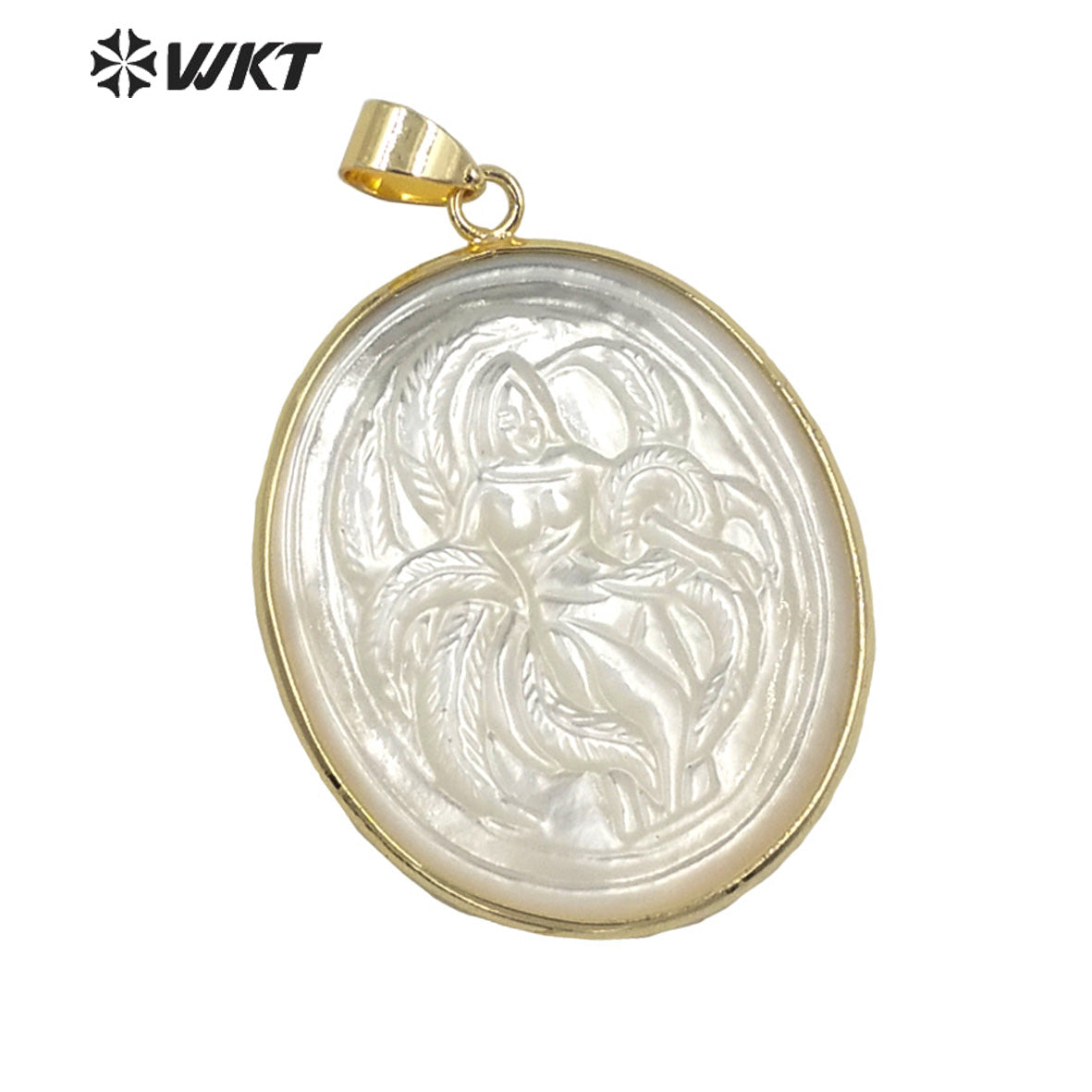 WT-JP245 Wholesale Amazing Beauty Sex Lady Image Pendant Natural White Shell Carved Fashion Gold Bezel Mermaids Pendant