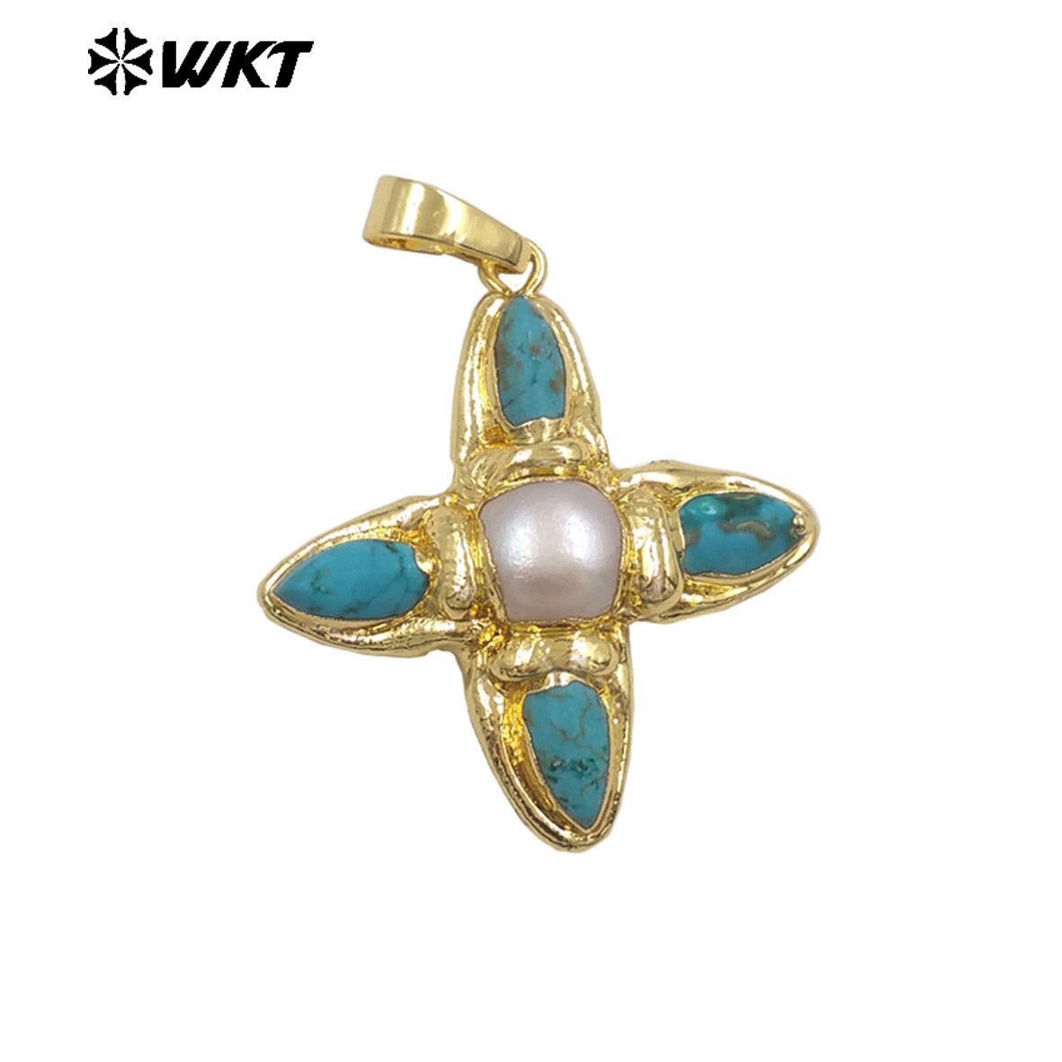 WT-P2038 Exclusive Trendy Design Gold Plated Natural Turquoise And Pearl Pointed Cross Pendants For Women Lovely Gift DIY