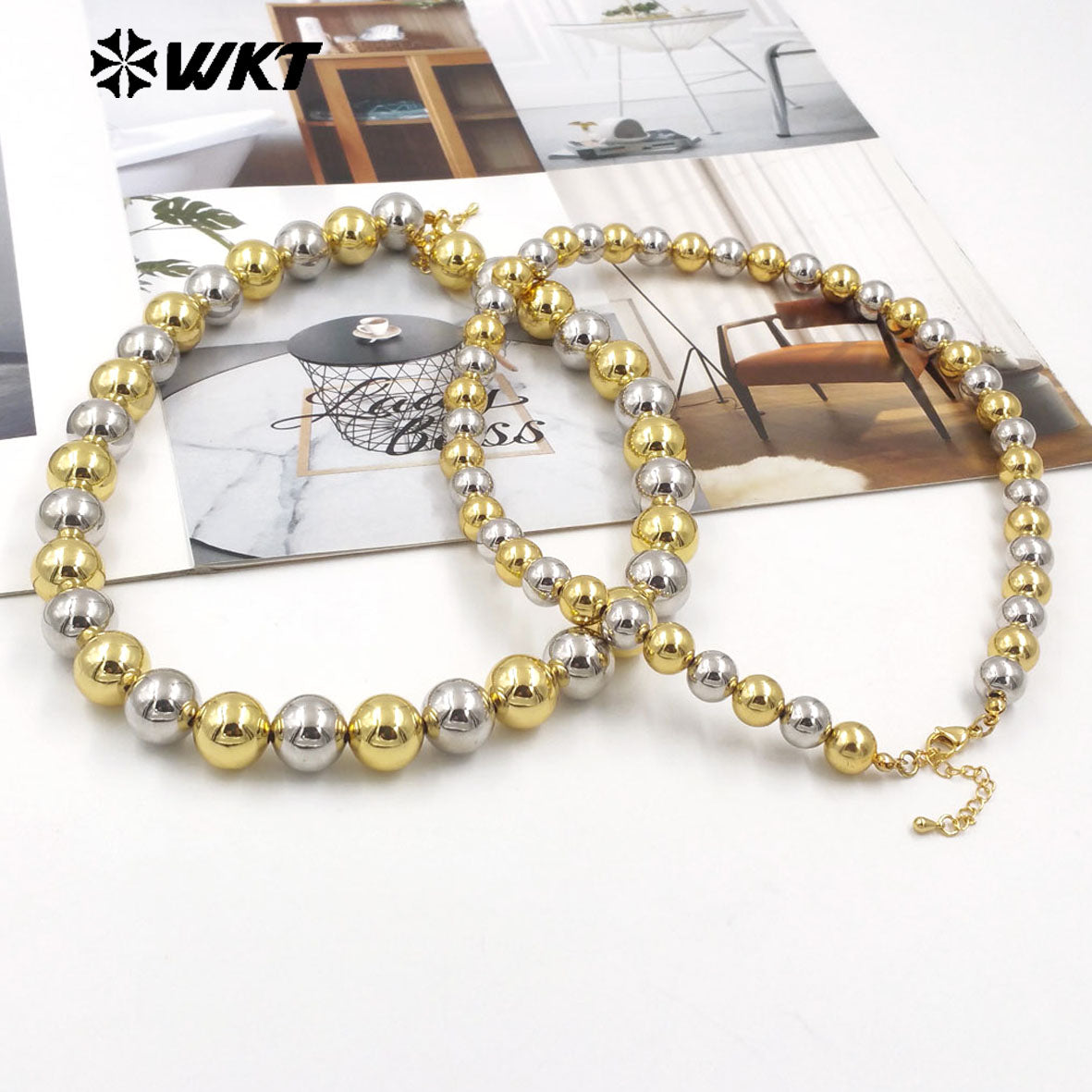 WT-JFN11 Wholesale New Popular Design Double Color Mixsure Unique Women Big Metal Ball Beads Hand Strand Necklace With Extend