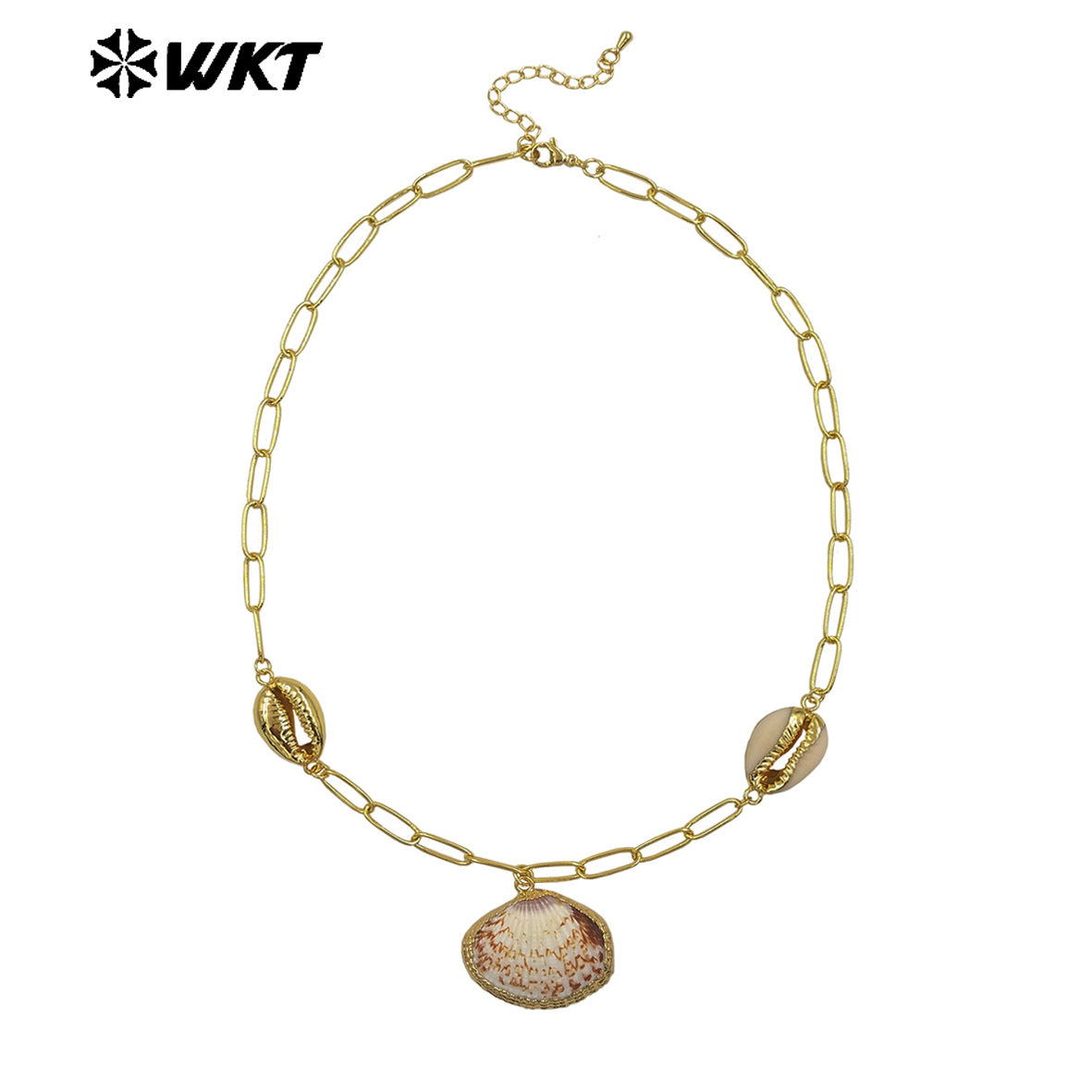 WT-JN318 Wonderful Design Natural Trumpet Shell Necklace One Big and Two Small Charms With Gold Plated Chain Women Jewelry