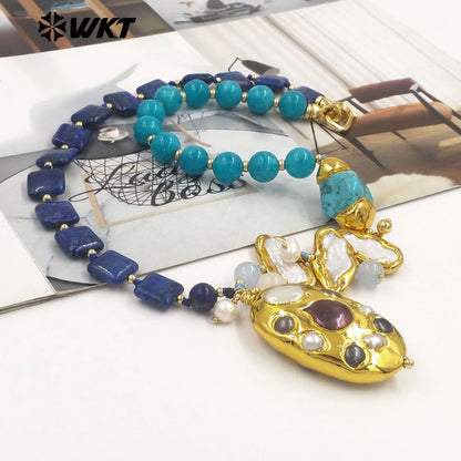 WT-JN359 Wonderful Trendy Natural Gemstones And Pearls Splicing With Gold Plated Big Pendant Necklace For Women Unique Jewelry