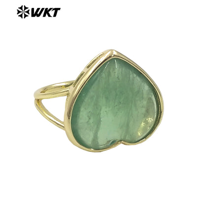 WT-R518 Wholesale Lovely Natural High Polish Rainbow Fluorite Heart Stone Ring for Lady Daily Use in Gold Bezel
