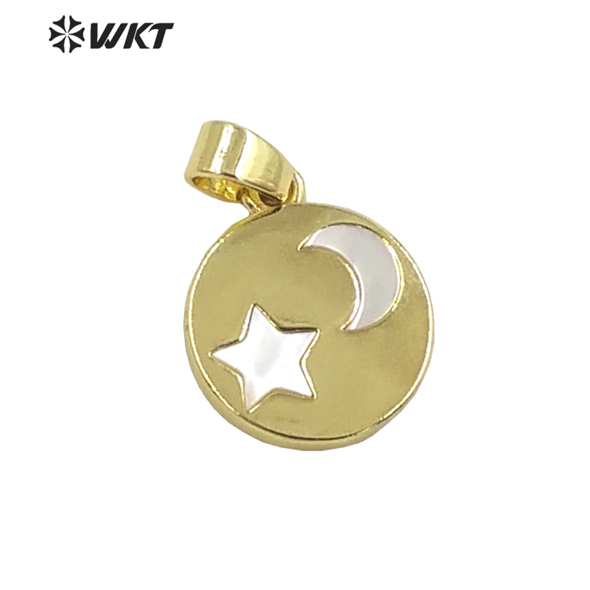 WT-JP325 Wholesale New Round Gold Bezel Shell Moon and Star Pendant Lovely Energy Heart Shell Charms for Friend Gift