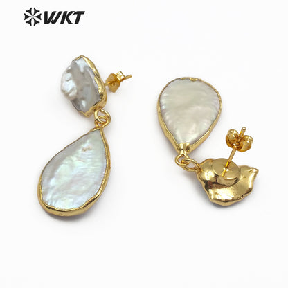 WT-E489 White Pearl Jewelry With Gold Electroplated Bridal Pearl in Teardrop Shape Natural Freshwater Pearl Earring Drop Earring