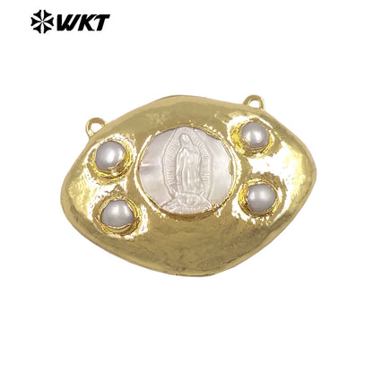 WT-PC022 High Quality Gold Plated Double Hoops Mother Of Pearl Religious Style Connector As Lady Handmade Jewelry Findings