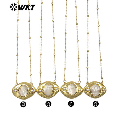 WT-JN388 Factory Wholesale Gold Plated Chain With Religious Style Mother Of Pearl Pendant Necklace For Women Unique Jewelry