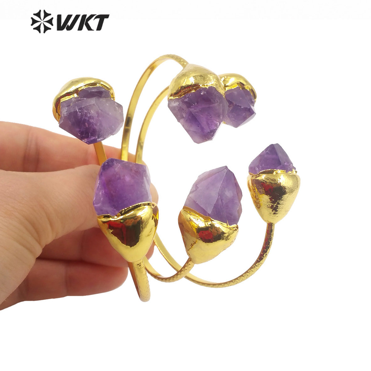 WT-B600 Natural Stone Bangle Amethyst Brass 18k Gold Plated Delicate Bangle Vintage Jewelry Women Gift Ring Stone Bangle
