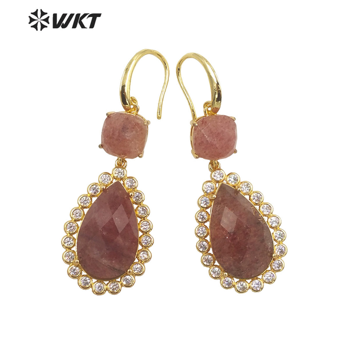 WT-E697 Wholesale Fashion Micropaved Cubic Zircon Setting Stone Earrings Attractive Long Drop Gemstone Hoop Earrings for Gift