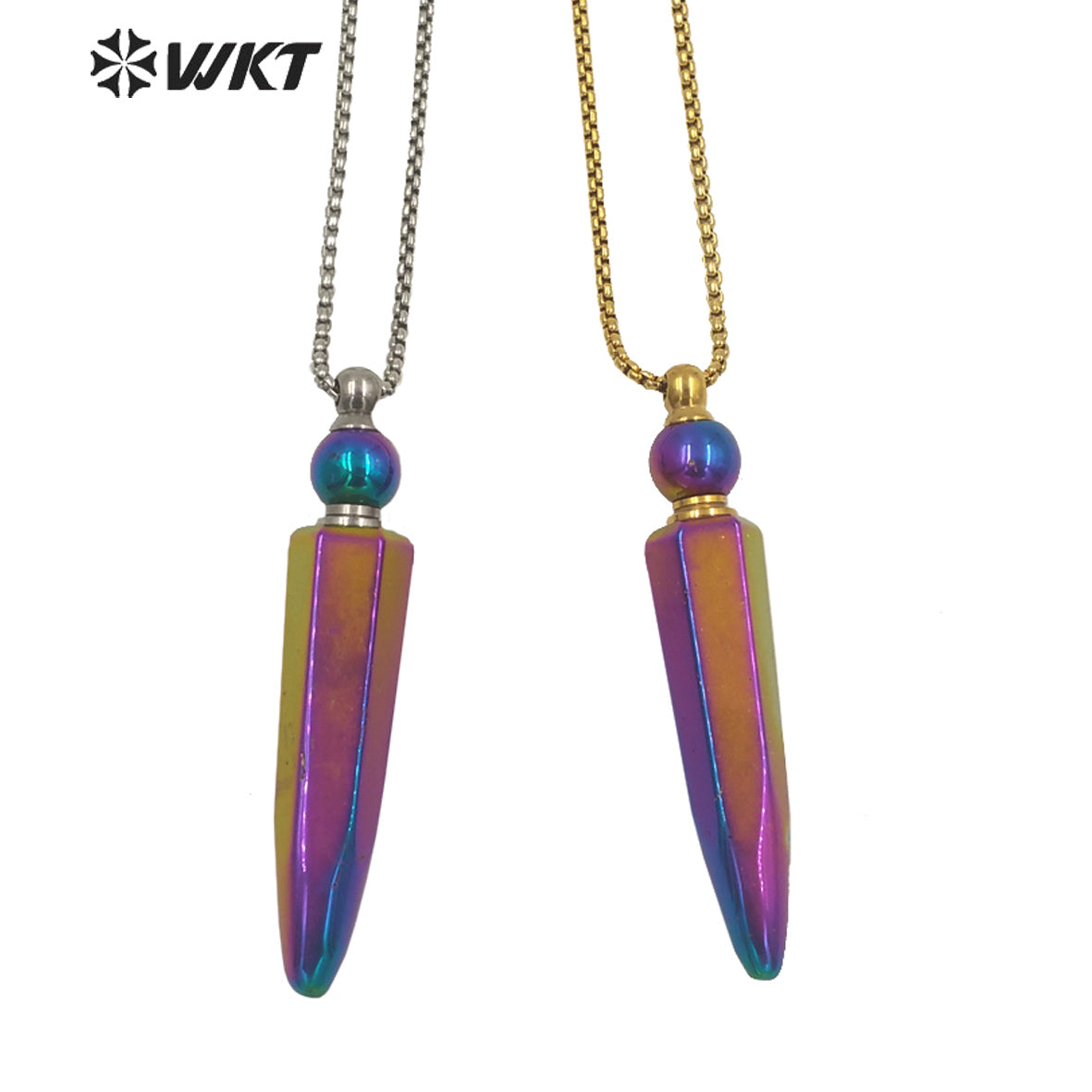 WT-N1281Wholesale Gold Titanium Electroplated Rainbow Blue Crystal Quartz Perfume Bottle Necklace for Essencial Oil