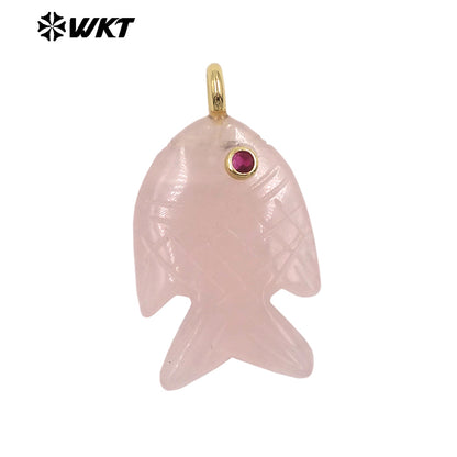 WT-P2137 Hot Sale Multi Natural Gemstones Setting In Zircon Gold Fish Shape Pendants As Women Fashion Necklace Accessories
