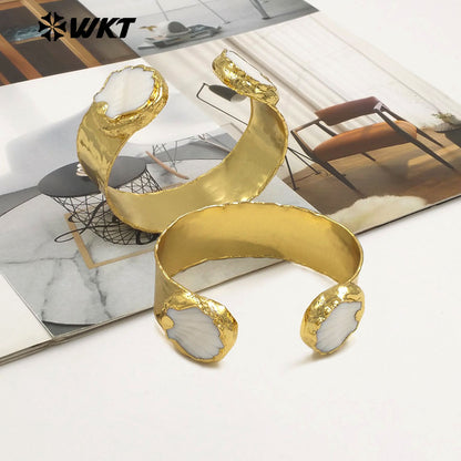 MPB130 Wholesale Amazing Hand Carved 18K Gold Plated Natural White Shell Adjustable Size Bangles For Women Fashion Jewelry Gift