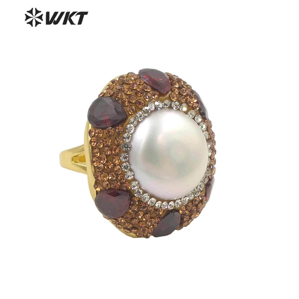 WT-MPR085 New Popular Handmade Design Gold Rhinestone and Freshwater Pearl Mabe Fashion Adjustable Zircon Ring