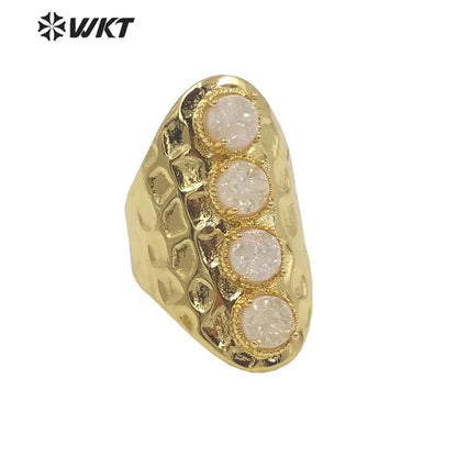 WT-R443 Wholesale Fashion Gold Bezel Natural Druzy Agate Ring Wide Band Women Party Stone Ring for Birthday Girl Friend
