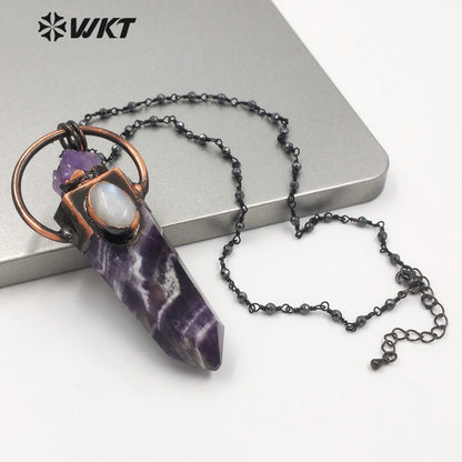 WT-N1264 WOMEN Antique Copper Plated Natural Amethyst Stone Necklace Fashion Energy Stone Point Amethyst Lucky Necklace