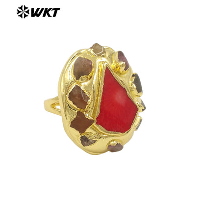 WT-MPR114 Popular 18K Gold Plated Triangle Red Coral and Tourmaline Adjustable Unisex Ring for Friends As Birthday Present