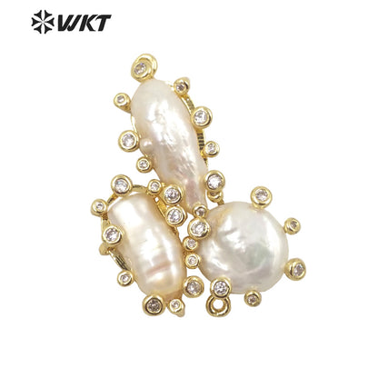 WT-JP310 Triple Irregular Freshwater Pearl Pendants Precious Micro Pave CZ Setting White Pearl Pendant for Jewelry Necklace
