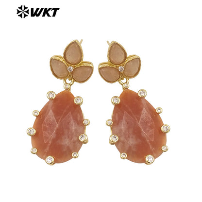 WT-E756 Gorgeous Precious Natural Amazonite Amethyst Gemstone Carved Long Teardrop Earrings With Zircon Around Trend Style