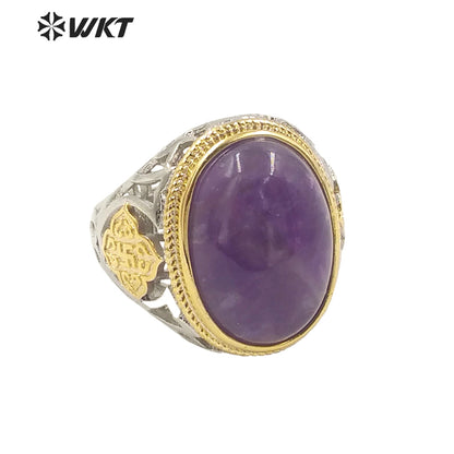 WT-R408 Noble Design Hollow Carved Flower Intricate Craft Rings Round Natural Amethyst Rings Adjustable Natural Stone Rings