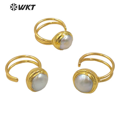 WT-MPR012 Newest Spring Design Gorgeous Fashion Gold Electroplated Adjustable Size Round Fashion Pearl Cocktail Ring for Wedding