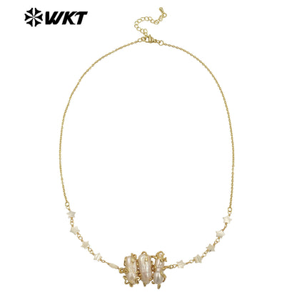 WT-JN302 Wholesale Popular Exquisite 18K Gold Plated Star Beads Inlaid Oval Large Pearl Necklace for Girl As Anniversary Gift