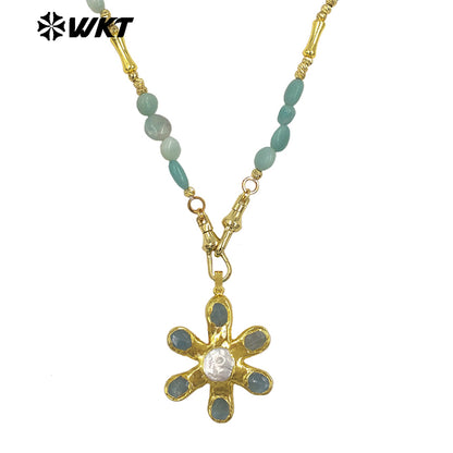 WT-JN379 Delicate Gold Plated Brass Splicing Beads Chain With Natural Stone And Pearl Flower Shape Pendants Necklaces As Gift