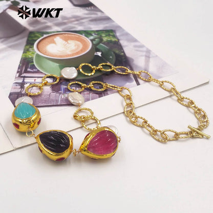 WT-JN372 Exquisite 18K Gold Plated Natural Pearl And Three Colors Glaze Pendants Necklace As Lady Unique Jewelry Accessory
