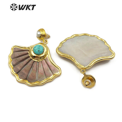 WT-E504 Amazing Big Punk Casual Style Natural Scallop Shape Shell Earrings 18k Real Gold Plated Shell with Turquoise Decorative