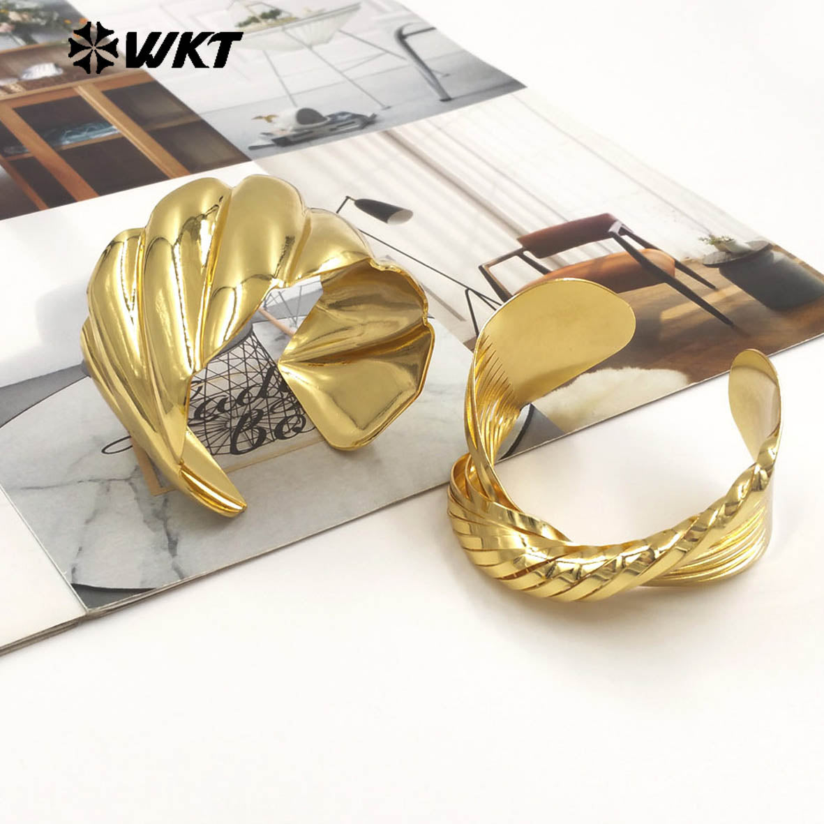 WT-B709 Wholesale Boutique Simple Style 18K Gold Electroplated Yellow Brass Metal Cuff Bangles For Lady Fashion Jewelry