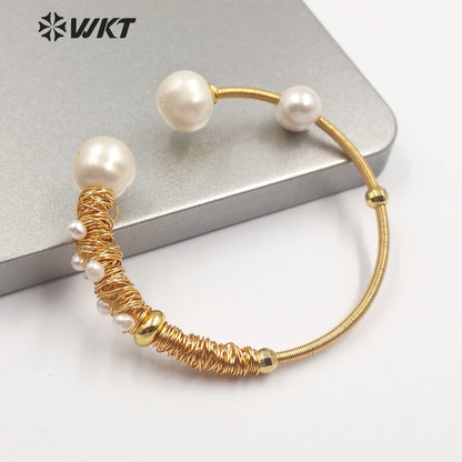 WT-B511 Exclusive High Populared Natural Fresh Water Pearl Bangle in Wire Wrapped for Lady Birthday Bangle