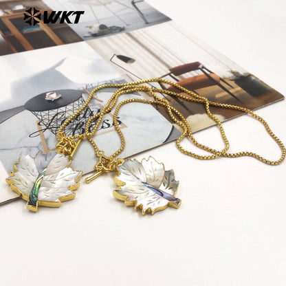 WT-JN354 Charming Exquisite Gold Plated Chain With Star Clasp And Natural Shell Maple Leaf Pendant Necklace As Anniversary Gift
