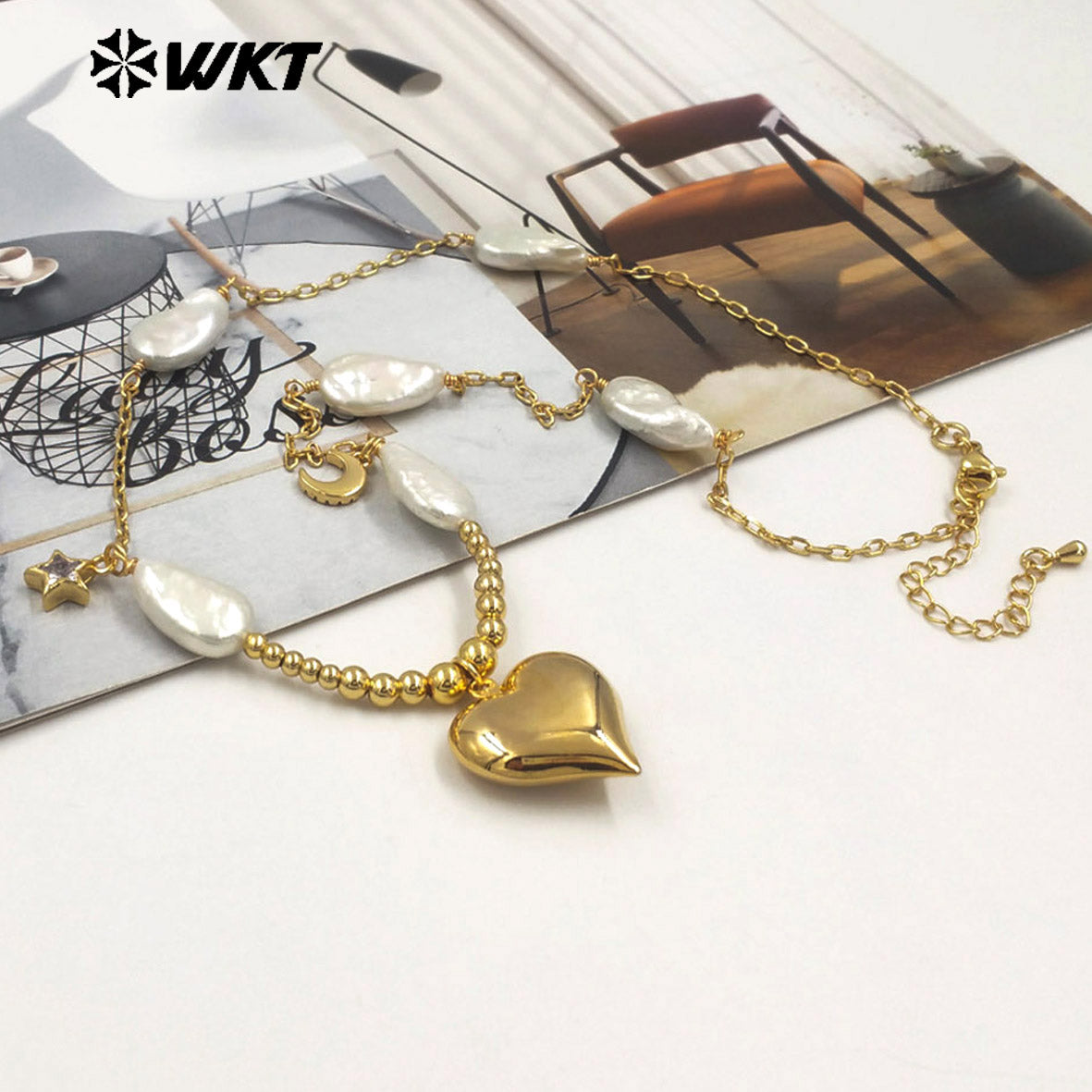 WT-JN320 New Sales Natural Freshwater Pearl Necklace With Gold Plated Heart Moon Star Charms Beautiful Jewelry Romantic Style