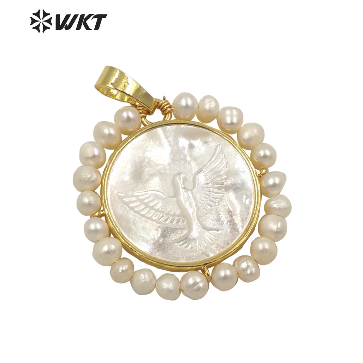 WT-JP263 Amazing WKT new design Gold bezel lucky white pearl pendant handmade wire wrapped round Peace pigeon pendant