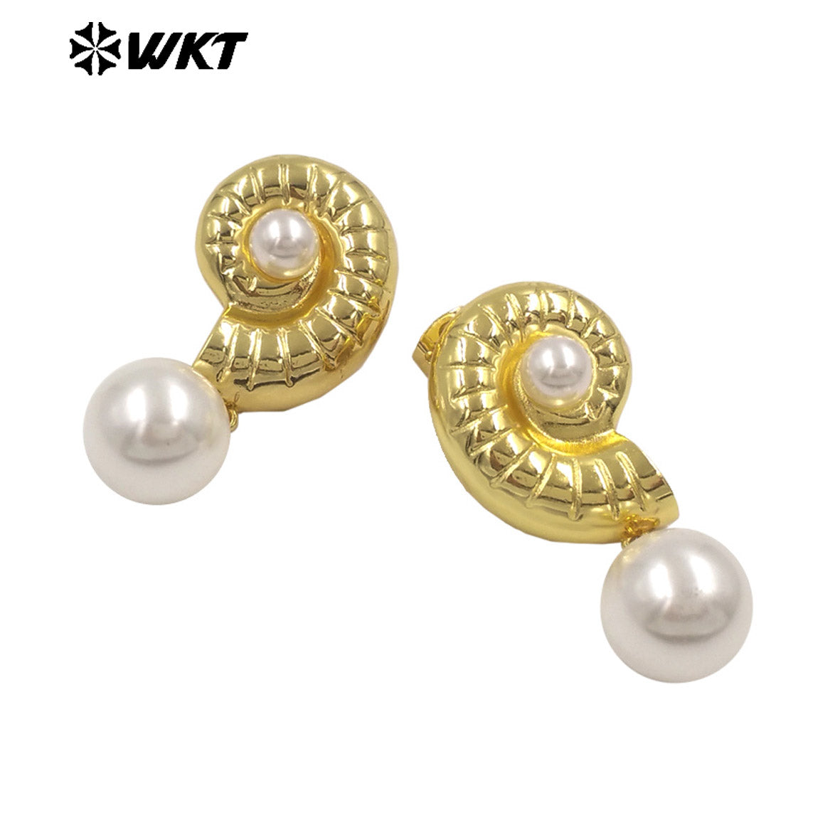 WT-ME132 Fashion Gold And Silver Plated Shell Shape Double Designs Brass With Artificial Pearl Earrings For Women Daily Wearing