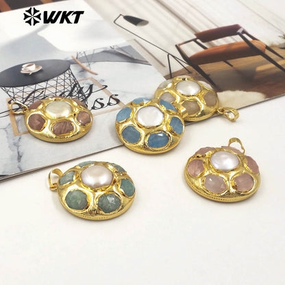 WT-JP411 Amazing Fashion Gold Plated Handmade Bezel Setting Natural Round Natural Stone and Pearl Flower Pendants