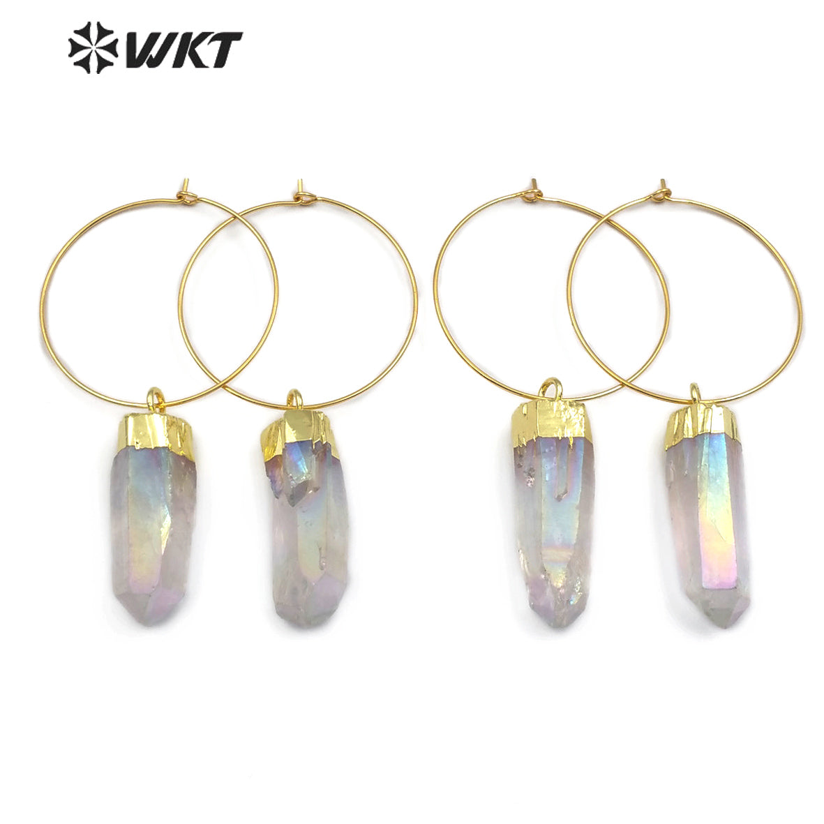 WT-E493 Six Prism Quartz Pendant With Gold Capped Healing Colorful Crystal Earring Jewelry Aura Quartz Dangling Earring