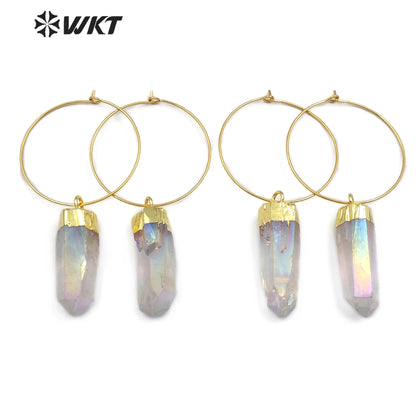 WT-E493 Six Prism Quartz Pendant With Gold Capped Healing Colorful Crystal Earring Jewelry Aura Quartz Dangling Earring