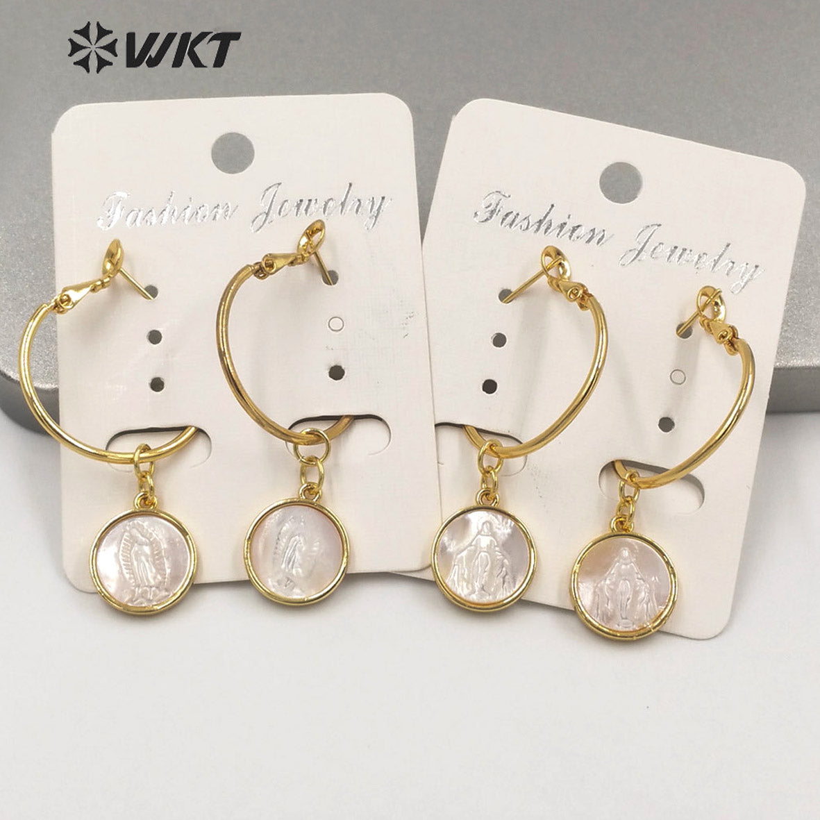 WT-MPE047 Amazing Fawshion Gold Religious Push Back Mary Pendant Earrings Women Big Round Clasp Earrings Virgin Shell Earrings