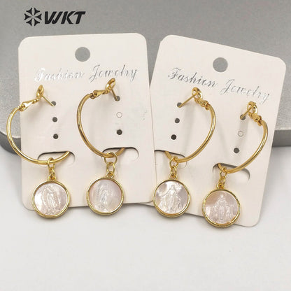 WT-MPE047 Amazing Fawshion Gold Religious Push Back Mary Pendant Earrings Women Big Round Clasp Earrings Virgin Shell Earrings