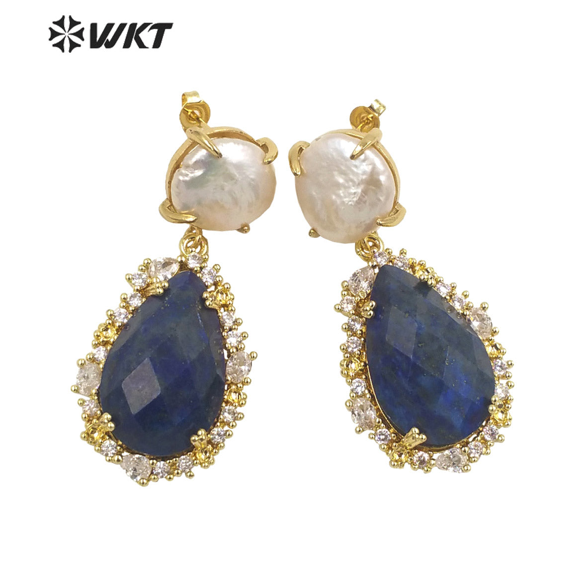WT-E698 Unique Micropaved Gold Bezel Cubic Zircon Natural Teardrop Stone Pearl Earrings Gorgeous Drop Turquoise Stud Earrings