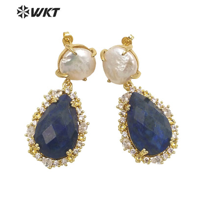 WT-E698 Unique Micropaved Gold Bezel Cubic Zircon Natural Teardrop Stone Pearl Earrings Gorgeous Drop Turquoise Stud Earrings